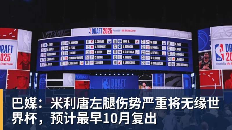 巴媒：米利唐左腿伤势严重将无缘世界杯，预计最早10月复出